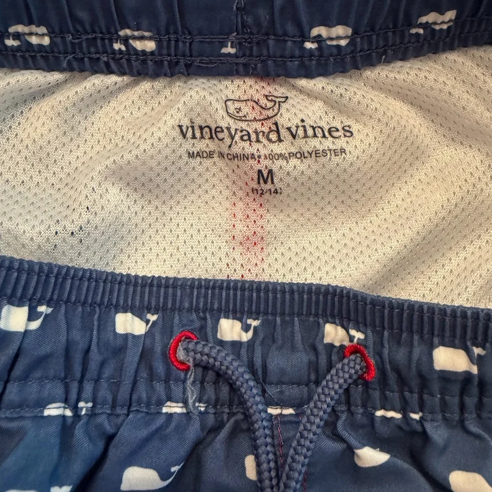 Vineyard Vines Red, White & Blue Whale Stripe Swim Shorts - Boys M (12-14)